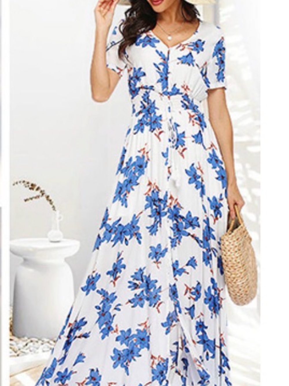White Blue Floral Maxi Dress Flowy Short Sleeve V Neck Summer Vacation